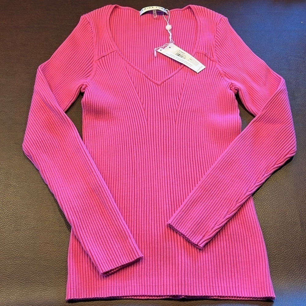 Trina Turk Pink Ribbed V Neck Sweater Large - Picture 4 of 9